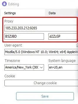 Окно настройки прокси для всего браузера Accovod с полями IP-адреса и порта / Browser-wide proxy settings window in Accovod with IP address and port fields