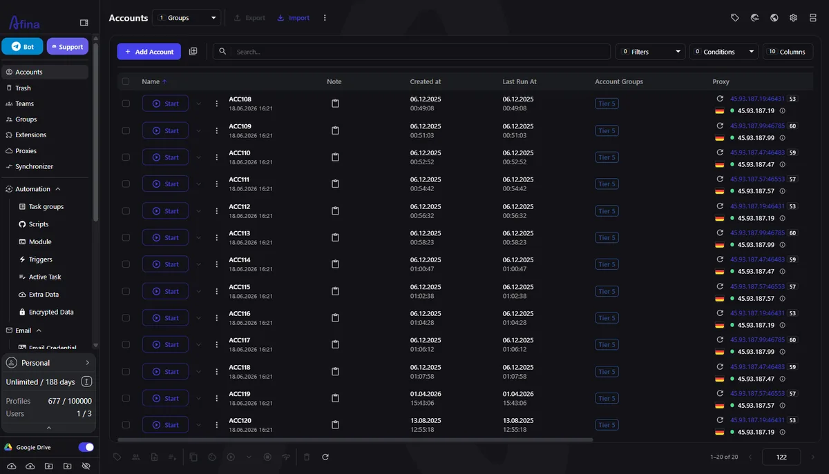 Afina account list with assigned proxies