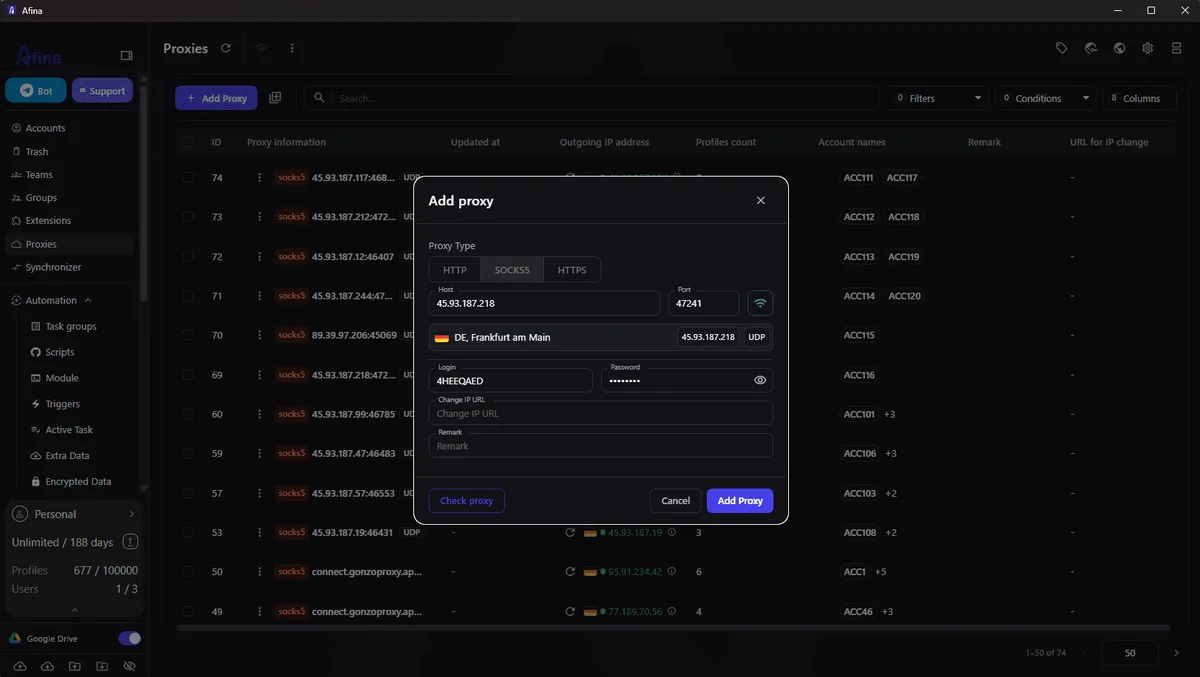 Manual SOCKS5 proxy setup in Afina