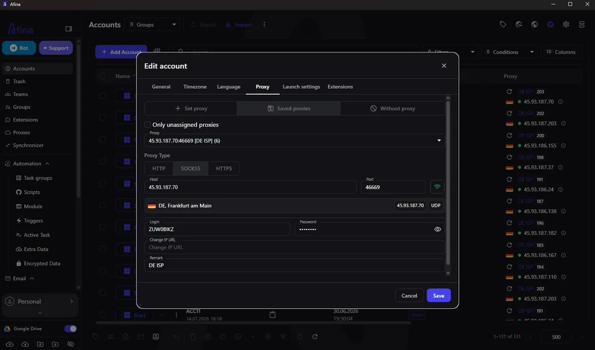 Selecting a saved proxy for a specific Afina profile