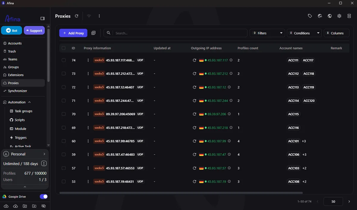 Proxy list with account assignments in Afina