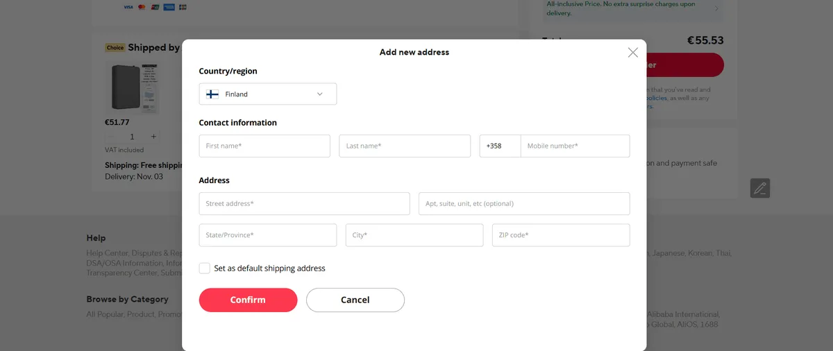 AliExpress Add new address form with Finland selected as the delivery country