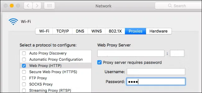 macOS Network settings, Proxies tab with Web Proxy (HTTP) ticked and Proxy server requires password enabled