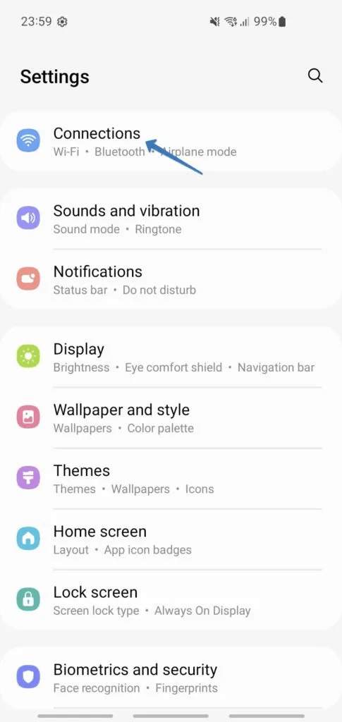Samsung Settings screen with the Connections item highlighted