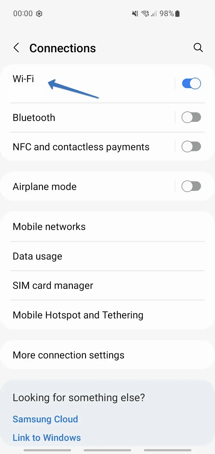 Connections menu on Samsung with the Wi-Fi item marked