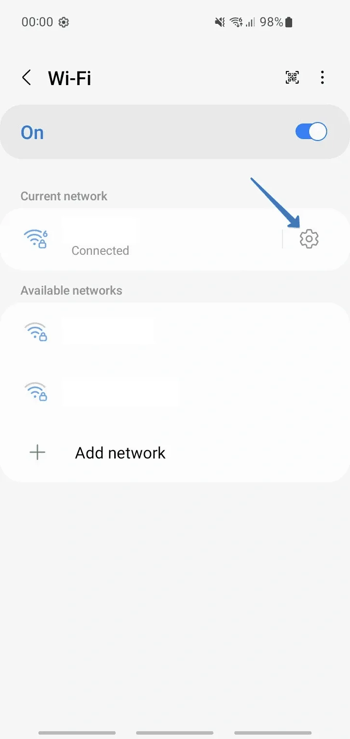 Wi-Fi list with the gear icon next to the current network