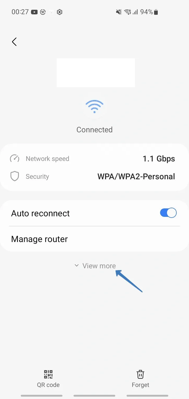 Network details page with the View more link at the bottom