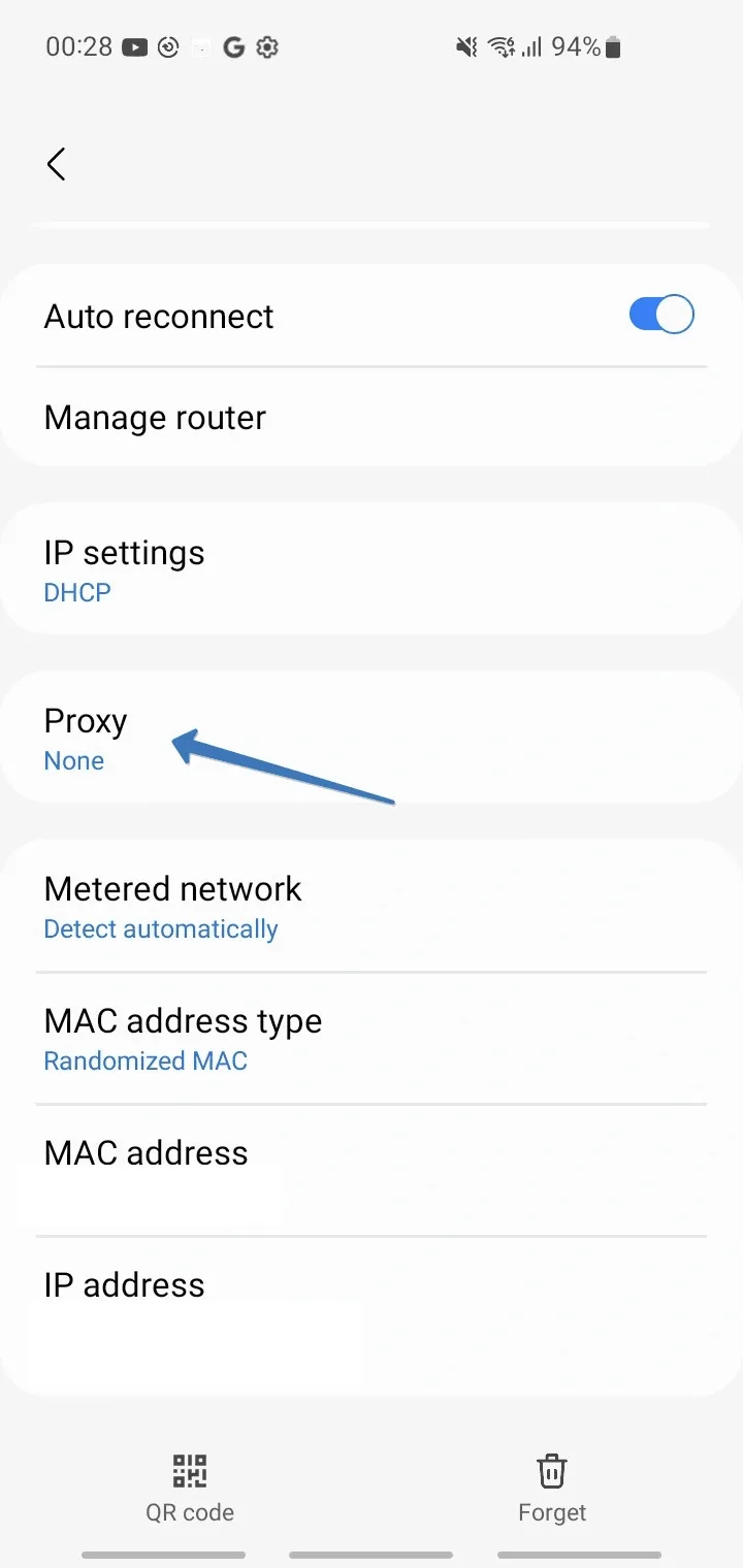 Proxy item set to None in the expanded network settings