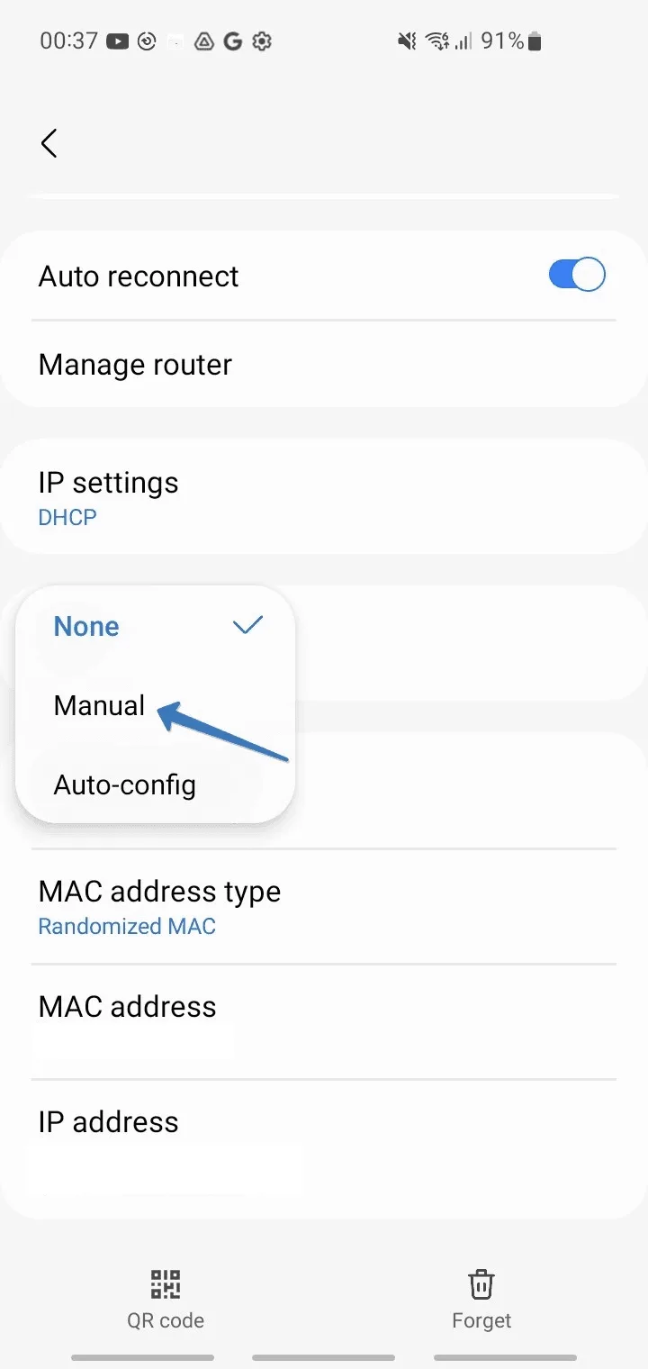 Pop-up menu with None, Manual and Auto-config options