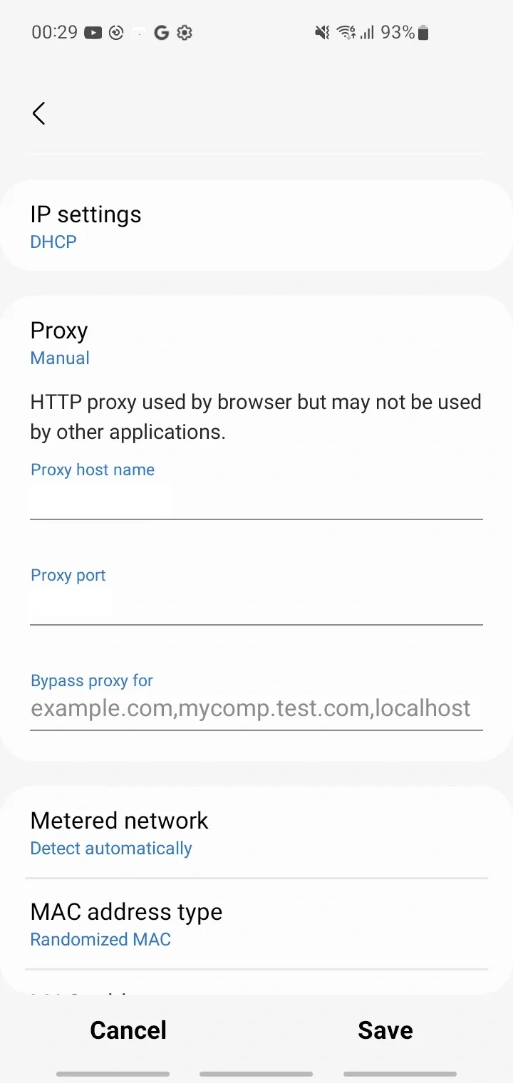Manual proxy form with Proxy host name, Proxy port and Bypass proxy for fields