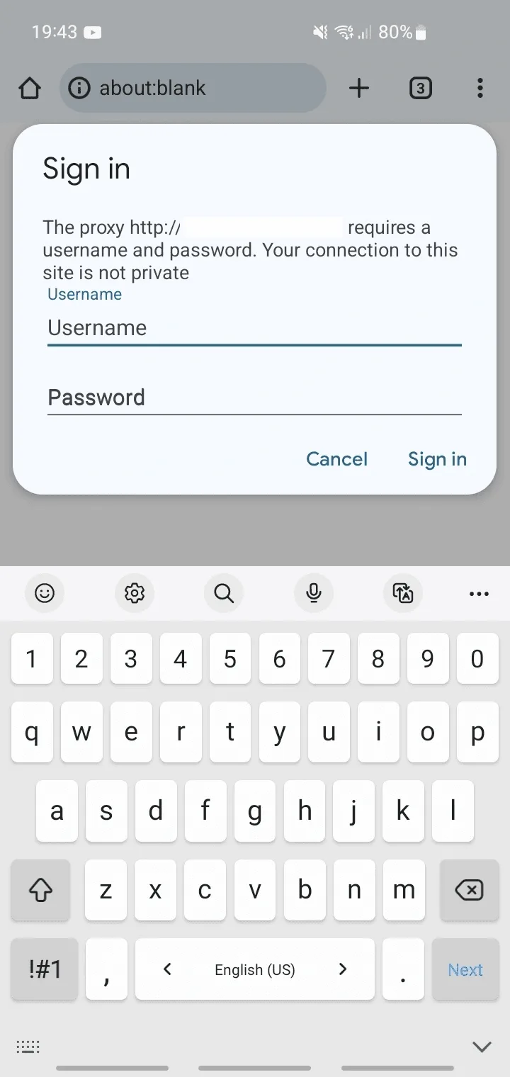 Chrome Sign in dialog asking for the proxy username and password