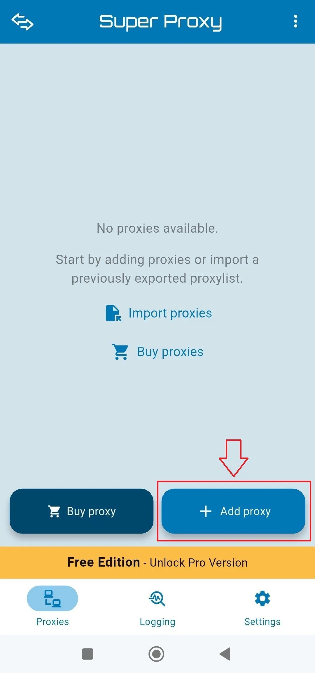 Кнопка Add Proxy на главном экране Super Proxy