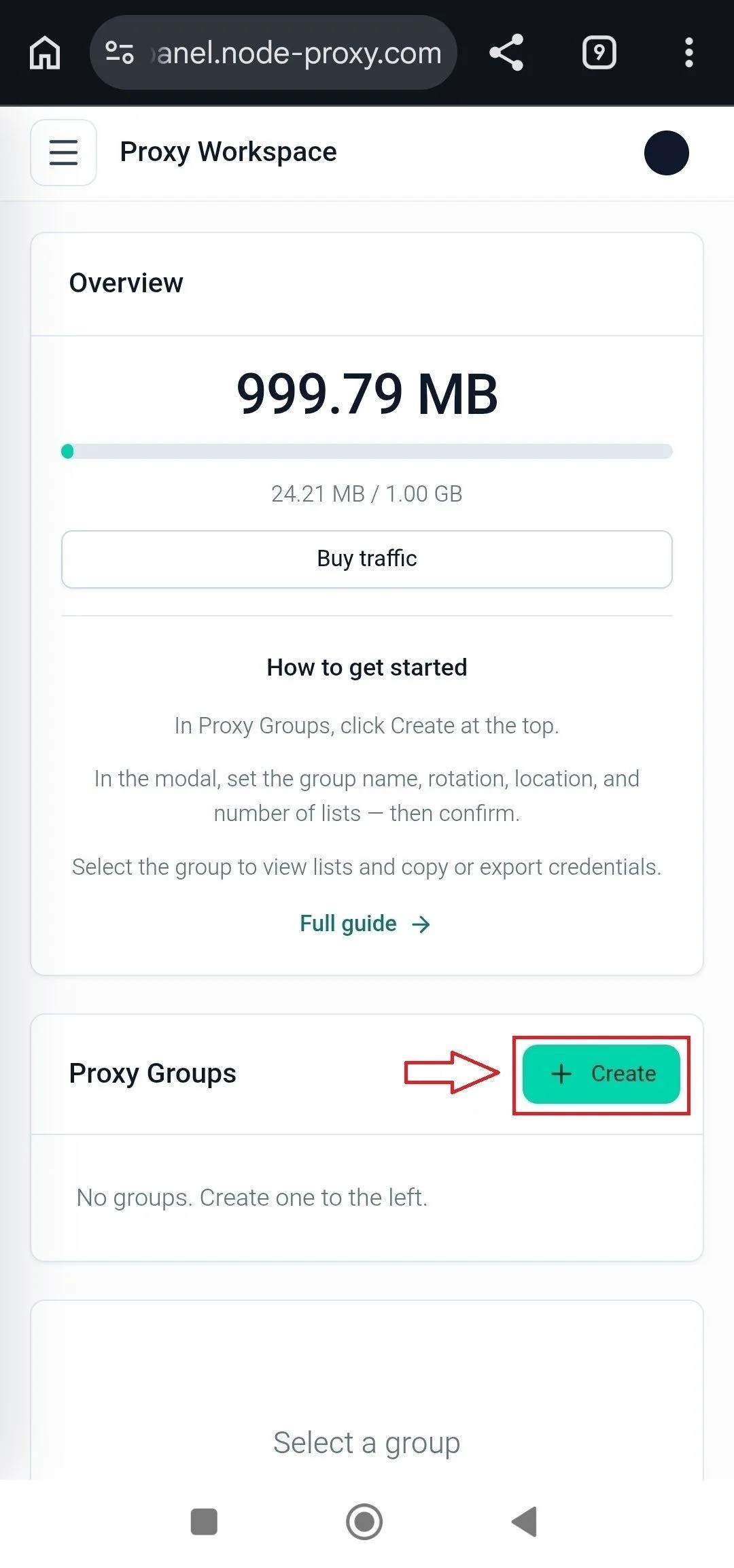Кнопка «+Create» в личном кабинете Node Proxy