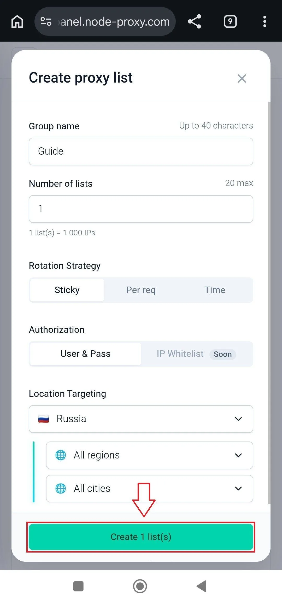 Настройки списка прокси и кнопка «Create 1 list(s)» в Node Proxy