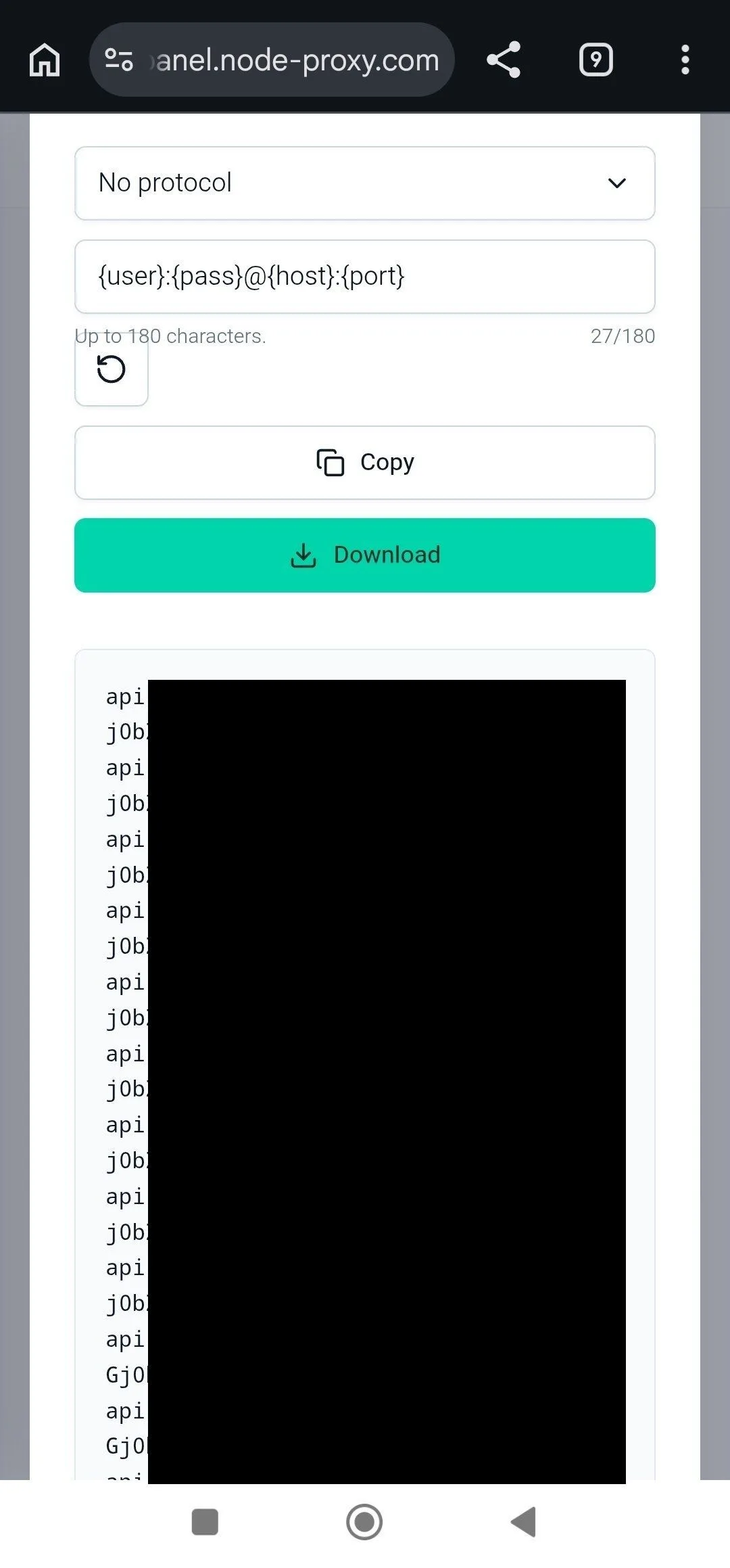 Данные списка прокси в личном кабинете Node Proxy