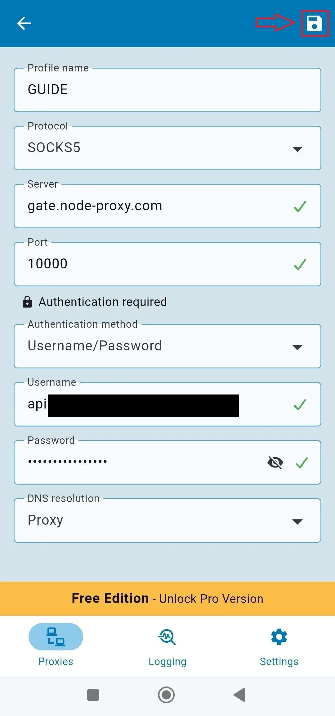 Форма профиля Super Proxy: протокол, сервер, порт, логин и пароль