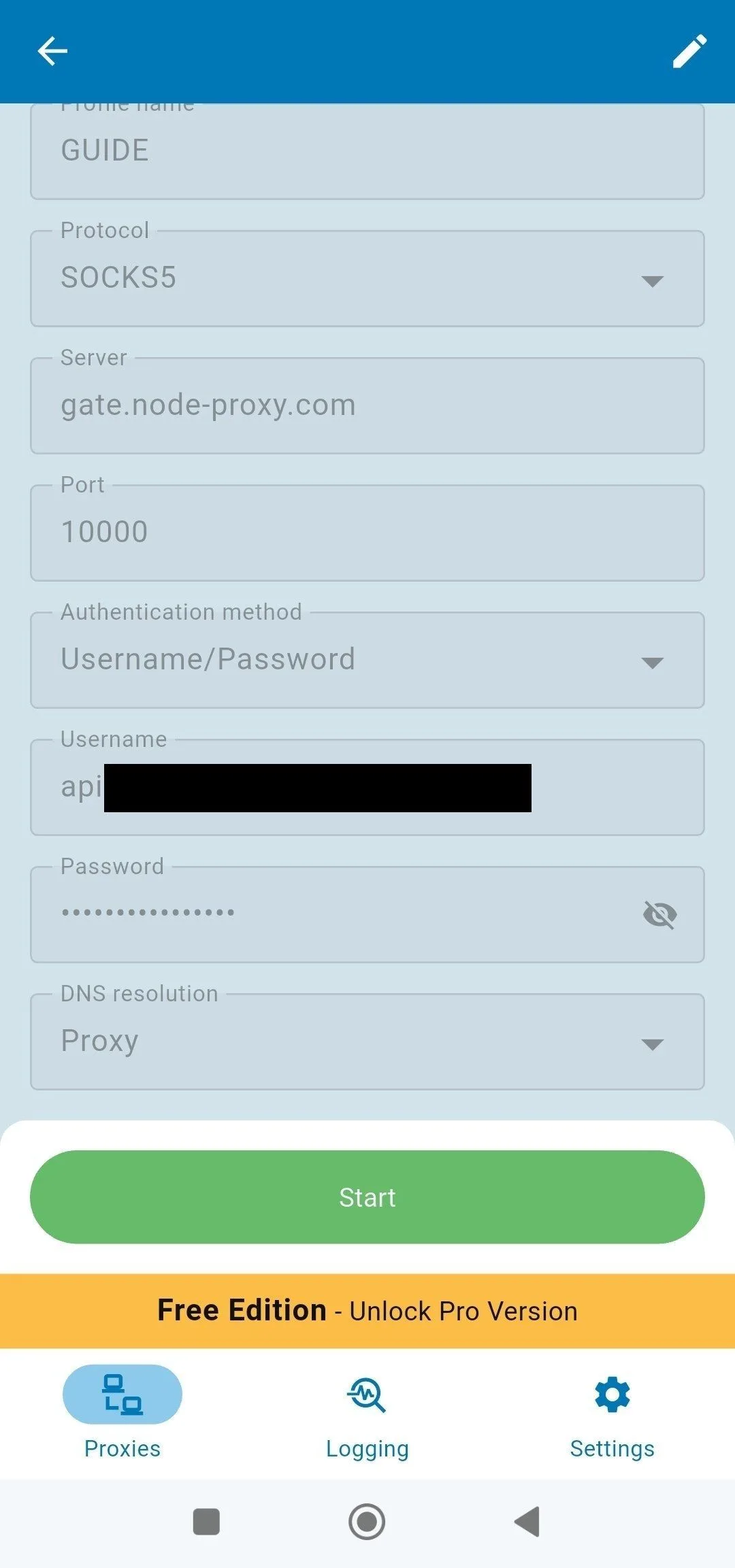 Запрос Android на подключение после нажатия Start в Super Proxy