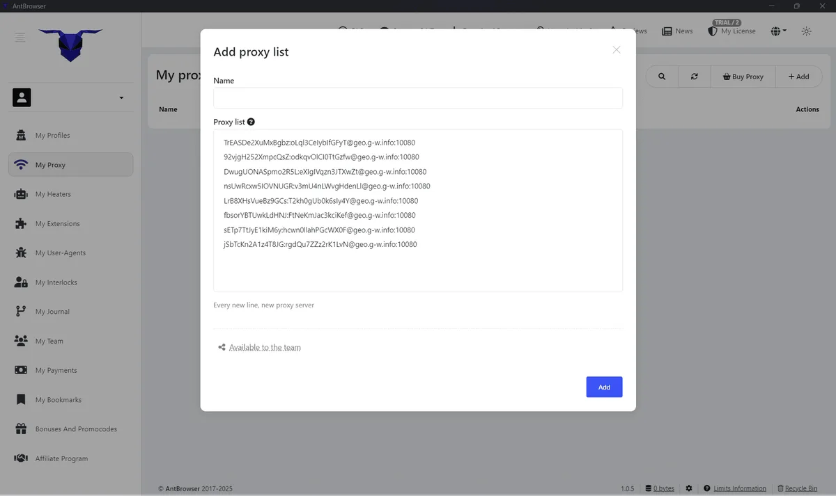 Поле импорта в AntBrowser с введенными данными прокси в поддерживаемом формате / AntBrowser import field with proxy data entered in a supported format