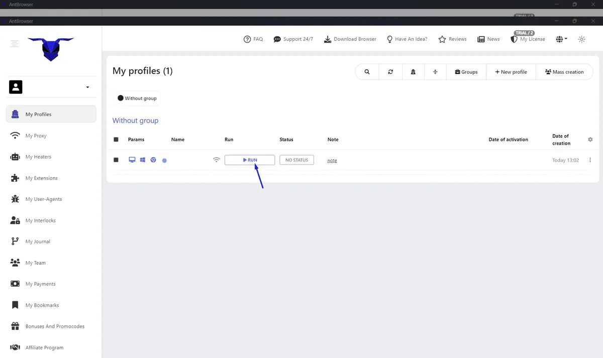 Сохраненный профиль AntBrowser с настроенным прокси, готовый к запуску / Saved AntBrowser profile with a configured proxy ready to launch