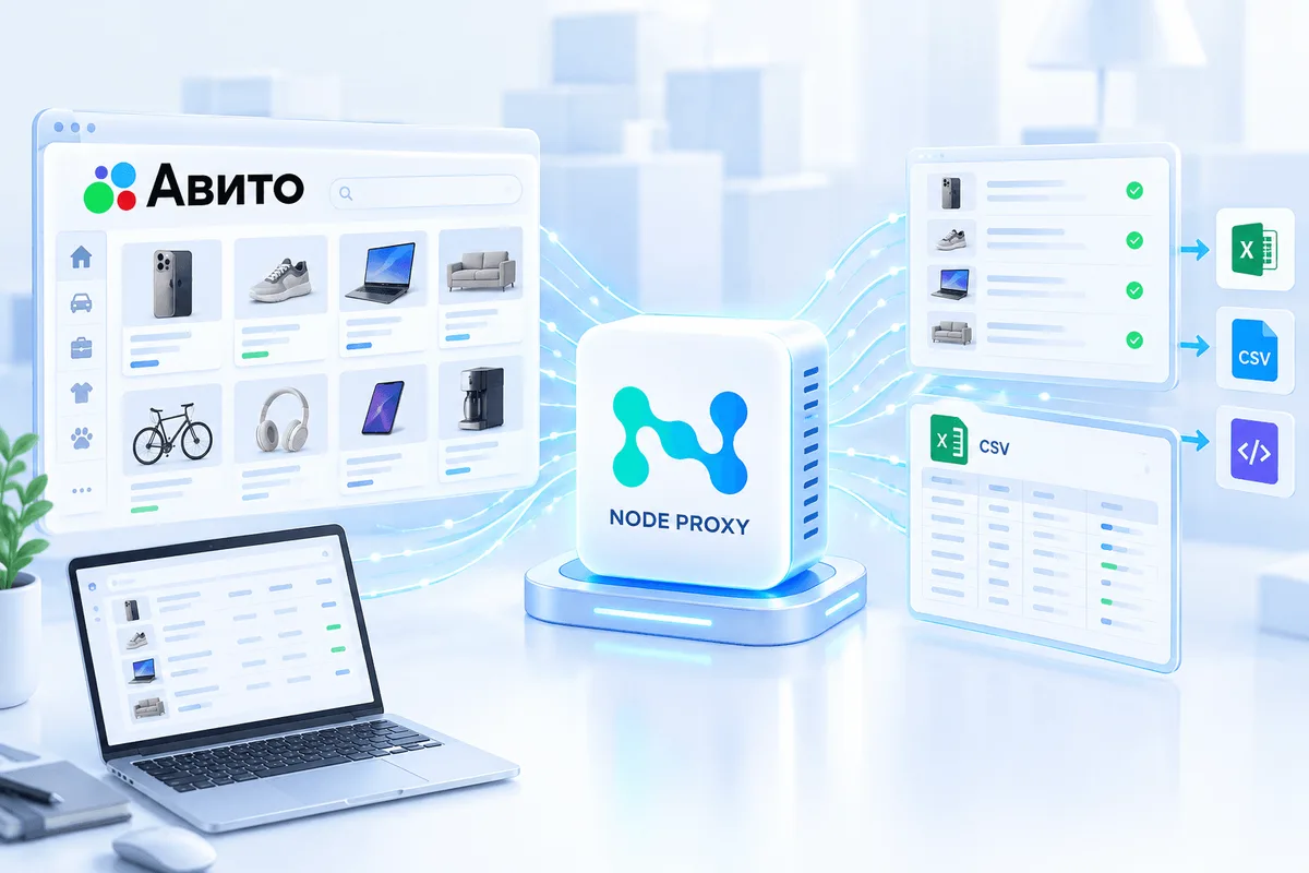 Сбор данных с Avito с помощью парсера и резидентских прокси Node Proxy / Collecting Avito data with a scraper and Node Proxy residential proxies