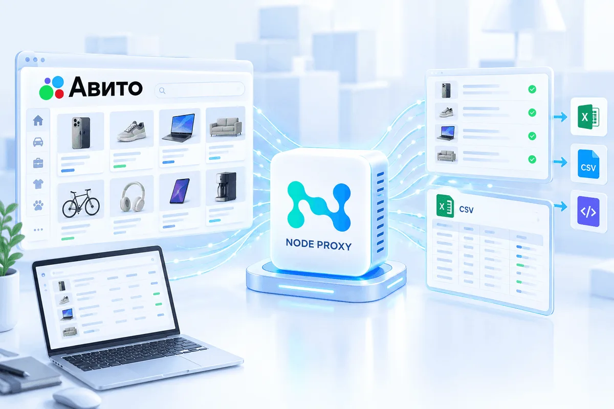 Сбор данных с Avito с помощью парсера и резидентских прокси Node Proxy