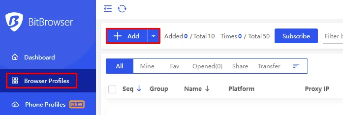 Browser Profiles section in BitBrowser with the Add button for a new profile