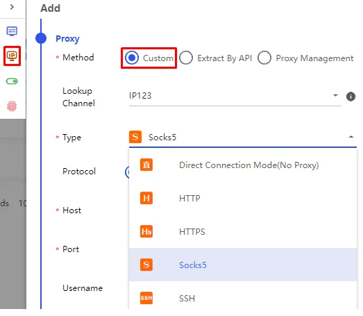 Proxy tab in a BitBrowser profile with Custom, API and Proxy Management options