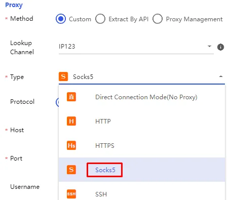 Selecting the HTTP or SOCKS5 proxy protocol in BitBrowser