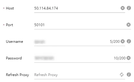 BitBrowser fields for the proxy IP address, port, username and password
