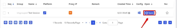 List of BitBrowser profiles with the Open button to launch a profile