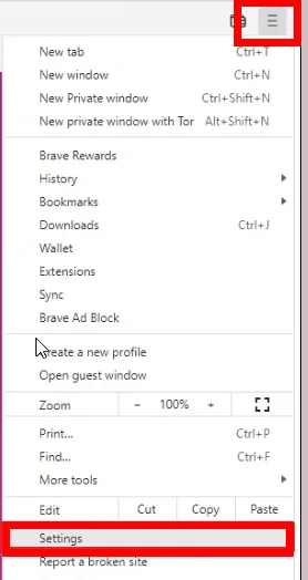 Brave settings menu with the System section