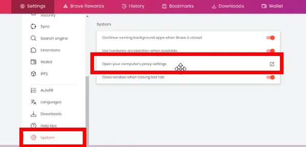 Opening the computer's system proxy settings from Brave