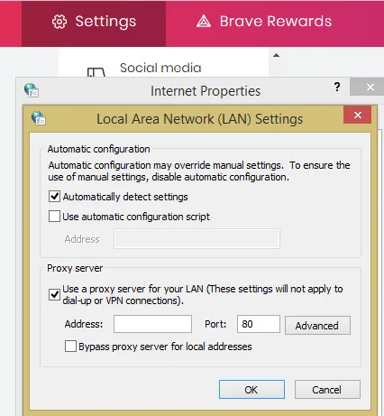 Fields for entering the proxy server IP address and port
