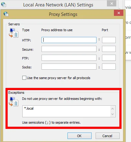 Proxy bypass field for websites that should connect directly