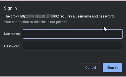 Proxy authentication window with username and password fields
