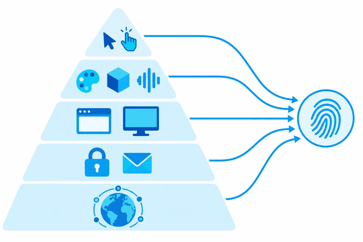 Pyramid of browser fingerprint signal layers merging into a single fingerprint