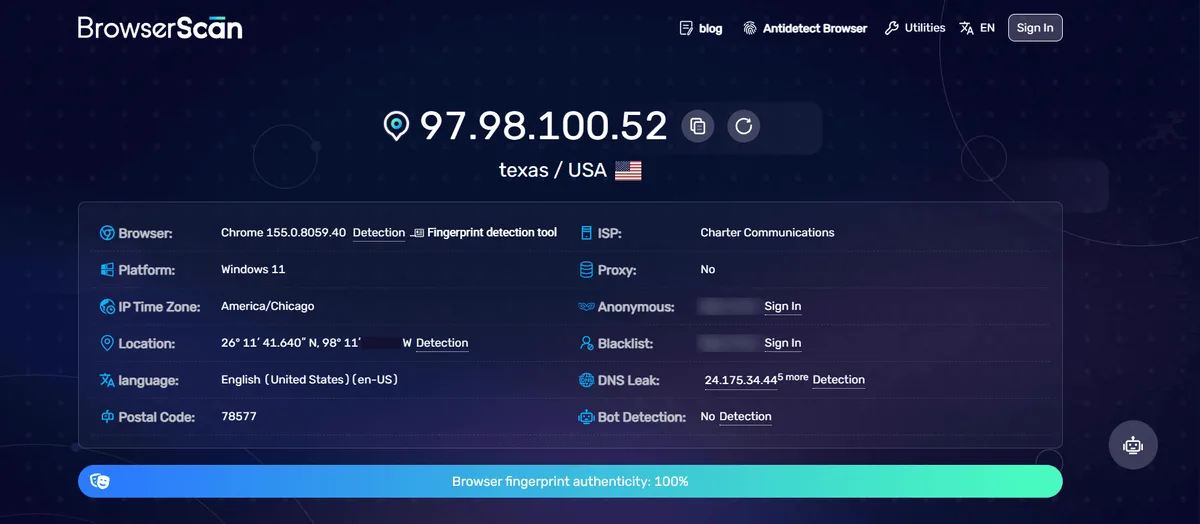 BrowserScan report for a US IP in Texas: Chrome 155 on Windows 11, IP time zone America/Chicago, language en-US, ISP Charter Communications, Proxy No, Bot Detection No and fingerprint authenticity 100%