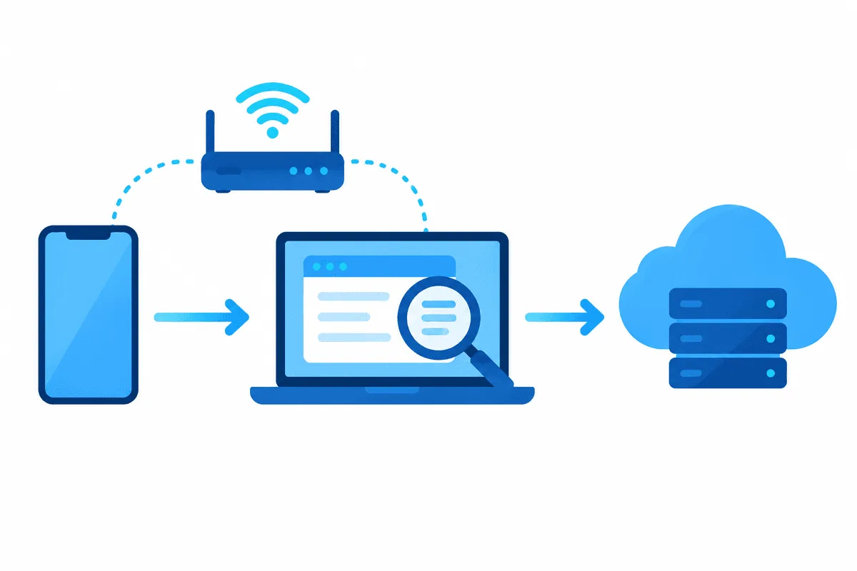 A phone on the same wireless network sends its traffic to a laptop running a debugging tool, which forwards it to a web server