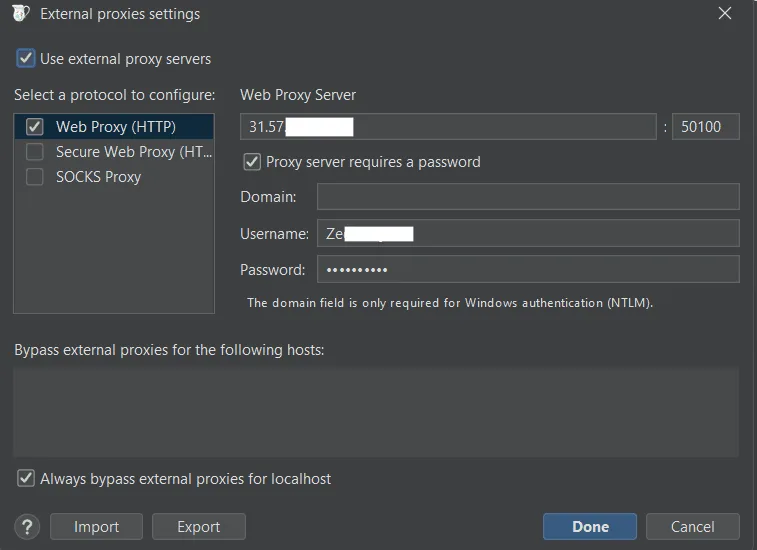 Charles External proxies settings with Web Proxy (HTTP), server address, port 50100, username and password fields