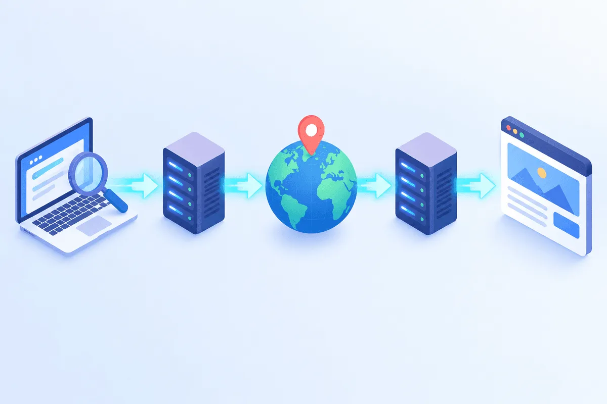 A client sends a request to a local debugging tool, which forwards it through remote intermediary servers in another region to a website