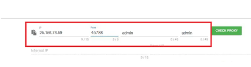 Поля для IP-адреса, порта, логина и пароля прокси в Che Browser