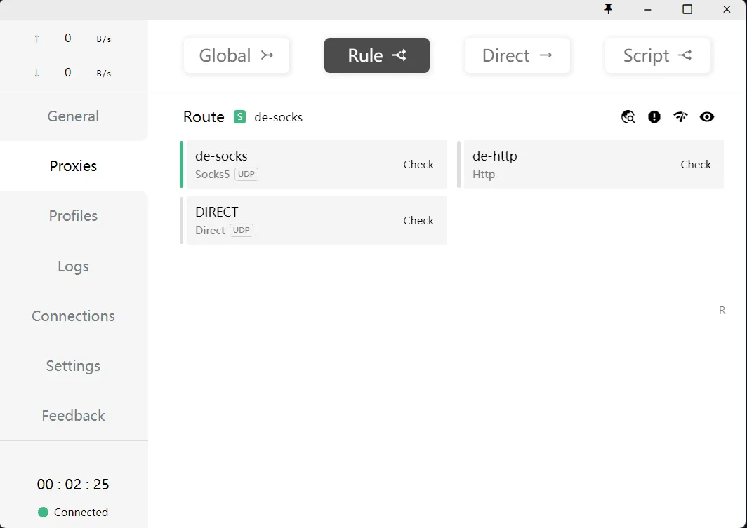 Вкладка Proxies в Clash for Windows: выбран режим Rule, в группе Route серверы de-socks, de-http и DIRECT, активен de-socks