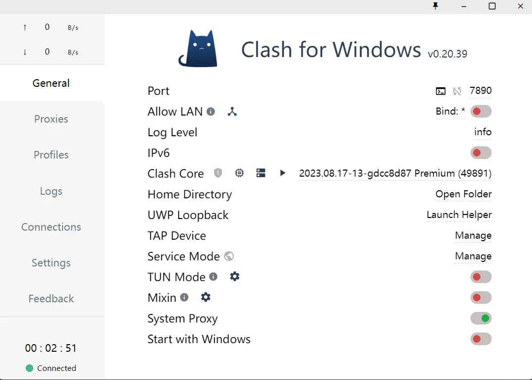 Вкладка General в Clash for Windows v0.20.39: порт 7890, Service Mode, выключенный TUN Mode и включенный System Proxy