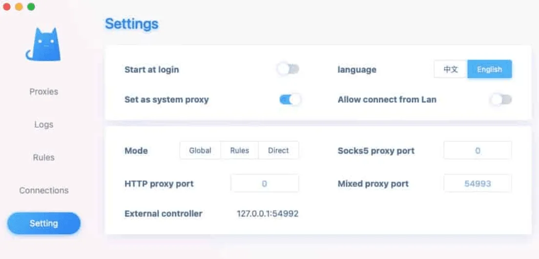 Окно настроек Clash на macOS: включен Set as system proxy, режимы Global, Rules и Direct и смешанный порт прокси