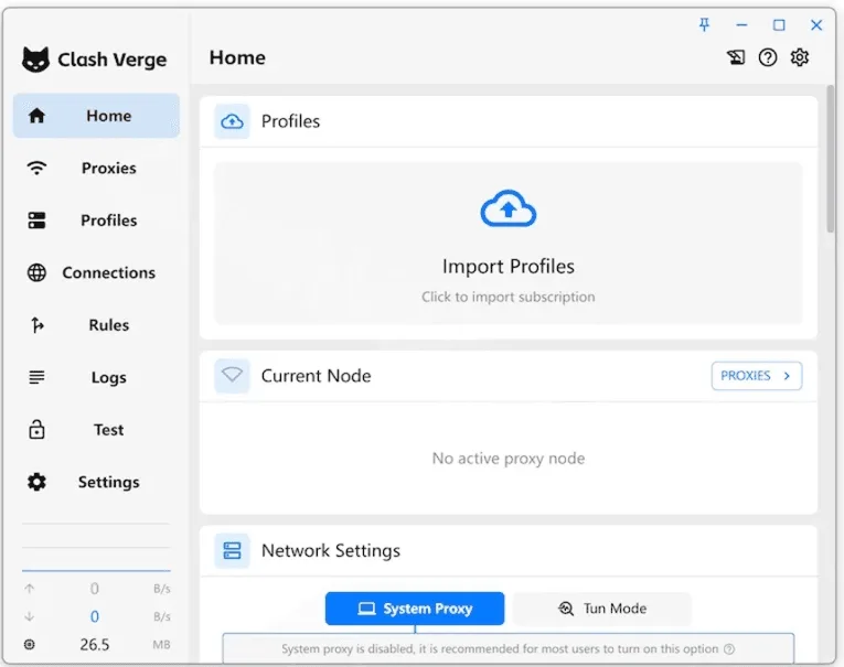 Главная страница Clash Verge: область Import Profiles, блок Current Node и кнопки System Proxy и Tun Mode