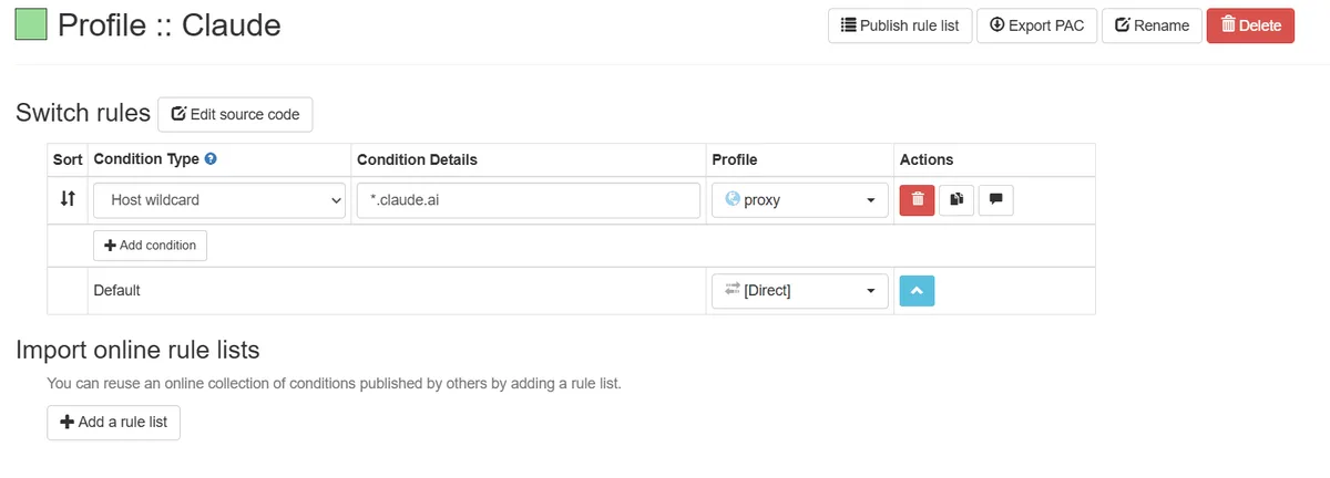 SwitchyOmega switch profile for Claude: Host wildcard rule for *.claude.ai sends traffic to the proxy profile, everything else goes Direct