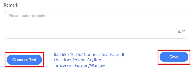 Успешный результат Connect Test и кнопка Save в ClonBrowser