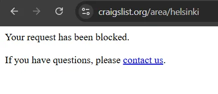 Страница блокировки Craigslist с текстом Your request has been blocked и ссылкой contact us
