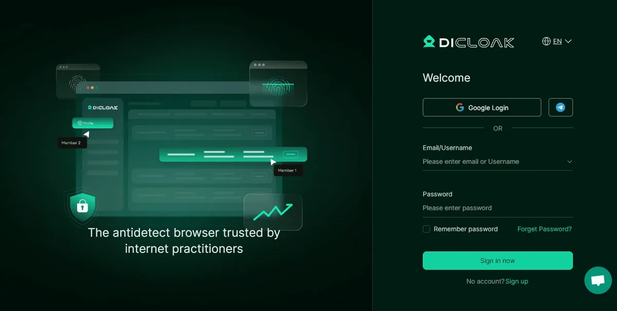 Экран входа в DICloak с кнопкой Google Login и полями email