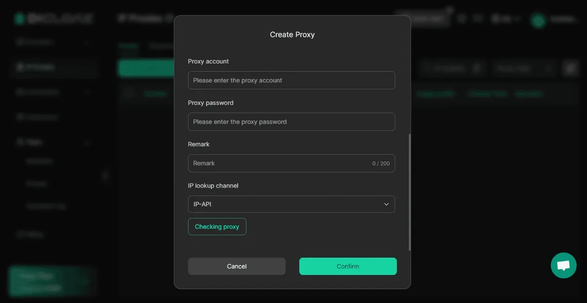 Окно Create Proxy в DICloak: Proxy account, Proxy password, Remark, IP lookup channel и кнопка Checking proxy